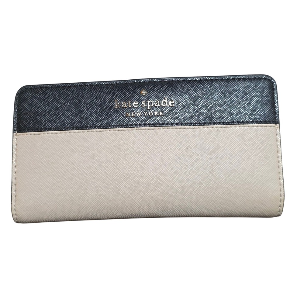 Kate Spade New York Black Beige Saffiano Leather Bifold Wallet Colorblock Slim